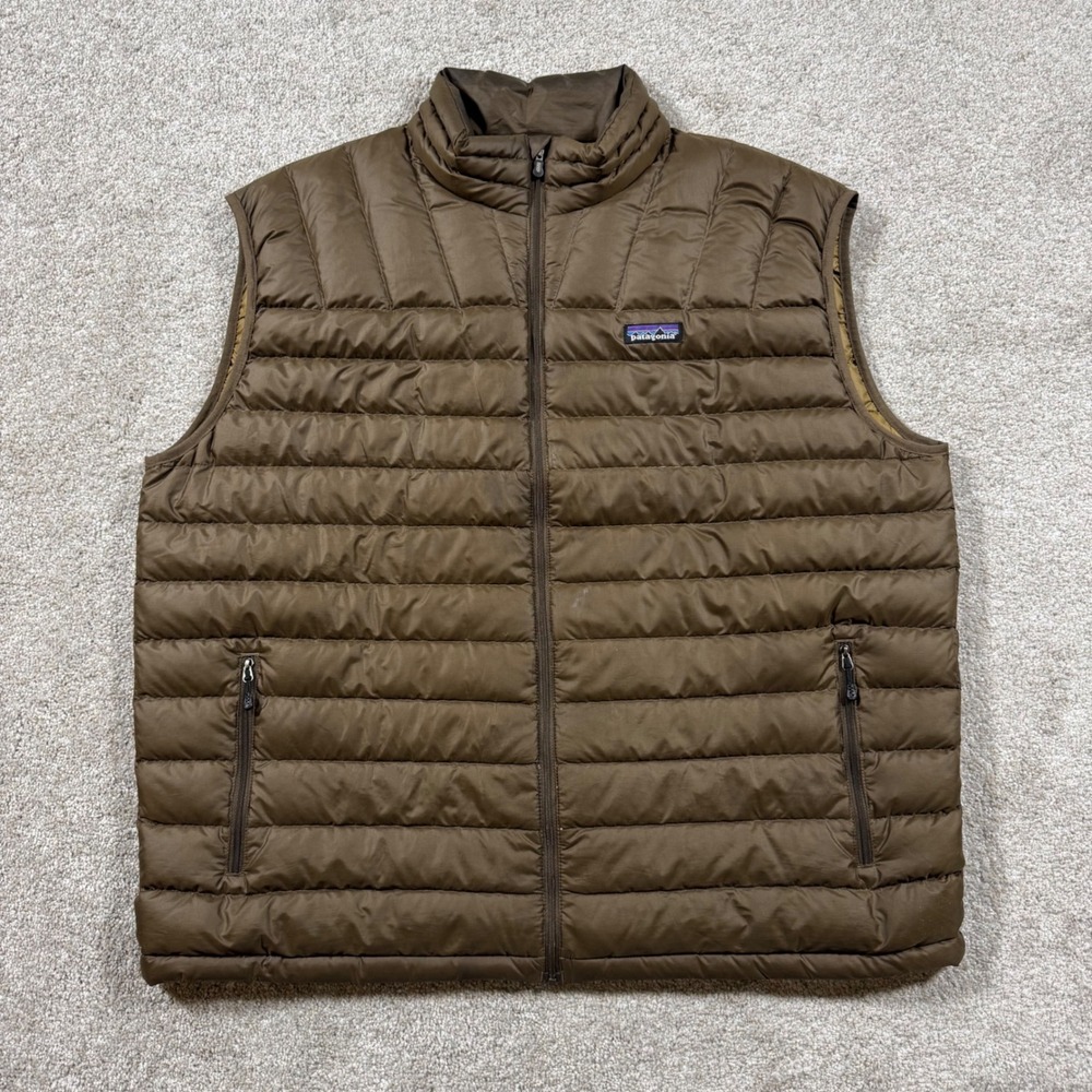 Patagonia Mens XXL Brown Down Sweater Vest Puffer Full Zip 84621F9 Hiking